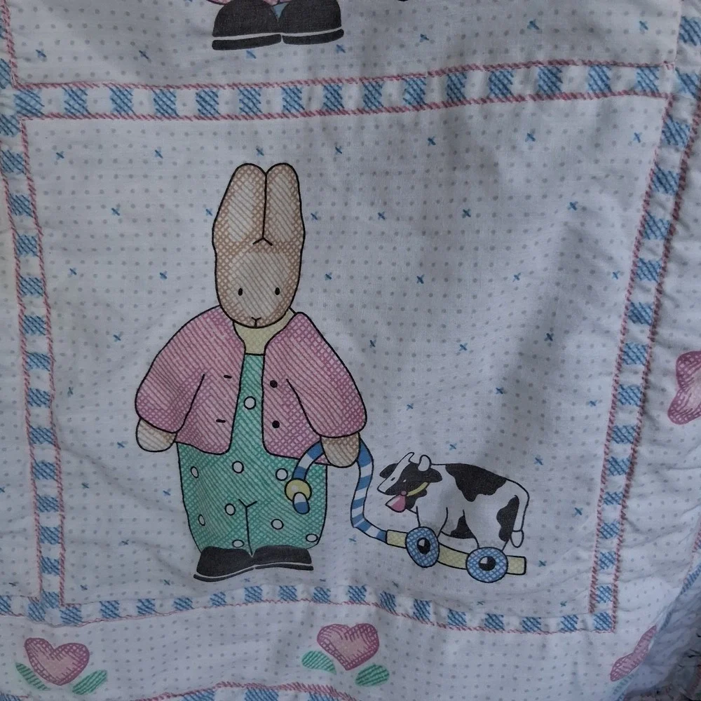 Vintage 90s Y2k Daisy Kingdom Baby Blanket Quilt Bunnies Cottagecore Pastel‎